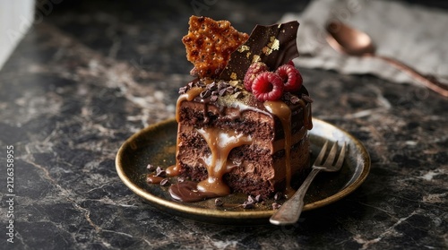 A decadent chocolate cake sits elegantly on a rustic plate. The cake is layered with rich chocolate frosting and a flowing caramel sauce.