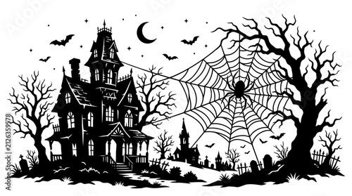 Helloween Halloween haunted house illustration, spooky mansion vector graphic, evil vintage cottage, gothic cemetery scene, dark web with spider, spooky night landscape Vector