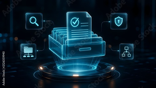 Verified digital document emerging from a holographic database drawer, futuristic file management system with network security and search.