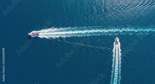 Two ships leaving trails on the deep blue ocean from an aerial perspective, showcasing maritime travel and the vastness of the sea.