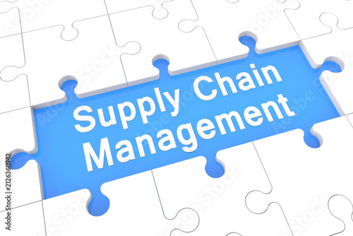 Supply chain management concept represented by blue puzzle piece with management business strategy solution