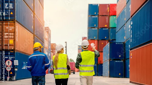 Cuadro en lienzo Logistics team working among shipping containers in port with logistics shipping