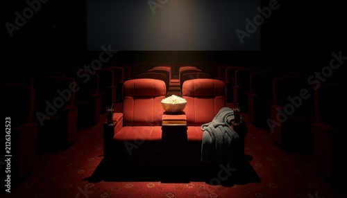 A large bowl of popcorn placed on red velvet seats in an empty movie theater under a dramatic overhead spotlight, representing entertainment, cinema experience, and cozy movie night concepts