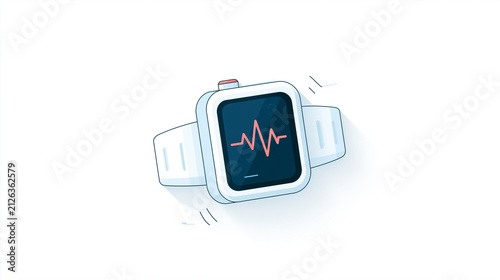 Flat line icon illustration of smartwatch with heartbeat pulse display, bright white background, health tracking concept, wearable technology icon, cardio monitoring graphic,