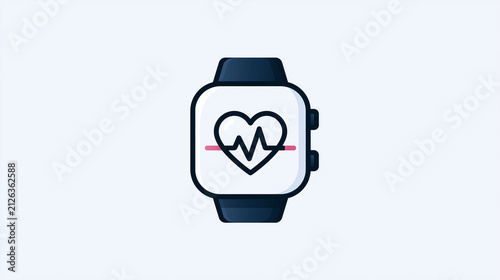 Flat line icon illustration of smartwatch with heartbeat pulse display, bright white background, health tracking concept, wearable technology icon, cardio monitoring graphic,