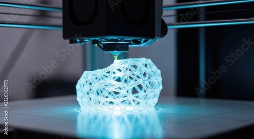A 3D printer constructs a translucent, geometric structure. The printer head extrudes a blue-colored filament, building the intricate design layer by layer.