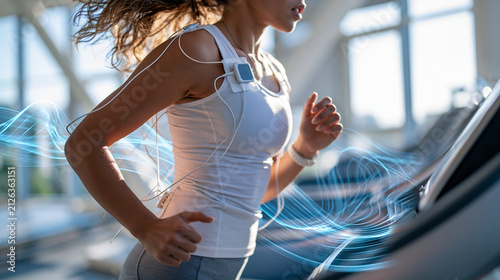 Cropped side view of european athlete running on treadmill wearing ecg sensors in bright high tech medical laboratory, face out of frame, fitness evaluation concept, sports