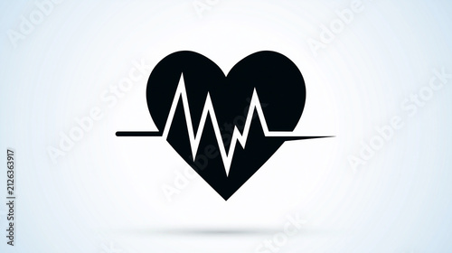 Flat icon illustration of black heart with pulse ekg line on bright white background, medical health concept, cardiology icon design, heart rate silhouette graphic, minimal vector