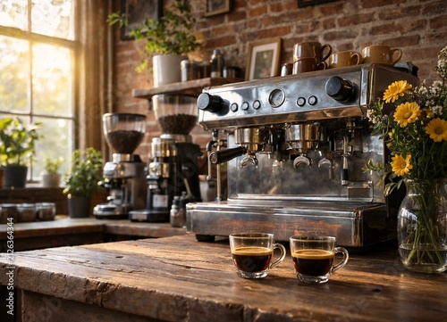 Professional espresso machine brewing fresh coffee in a cozy cafe setting