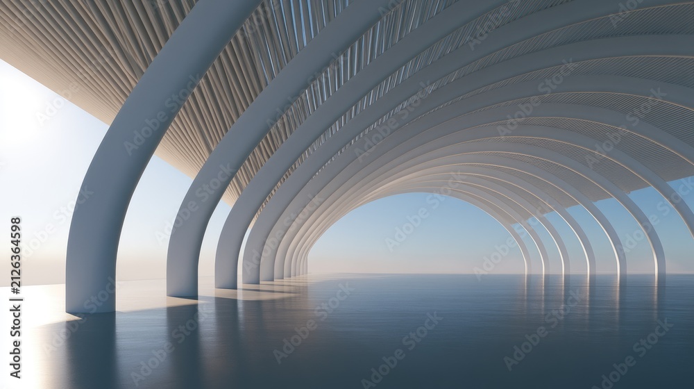 Fototapeta premium Modern Architectural Tunnel with Reflective Floor and Sky View.
