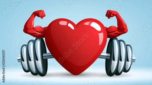 Illustration of red heart with flexing muscular arms and dumbbell, bright clean background, strength and cardiovascular health concept, fitness icon design, vector style
