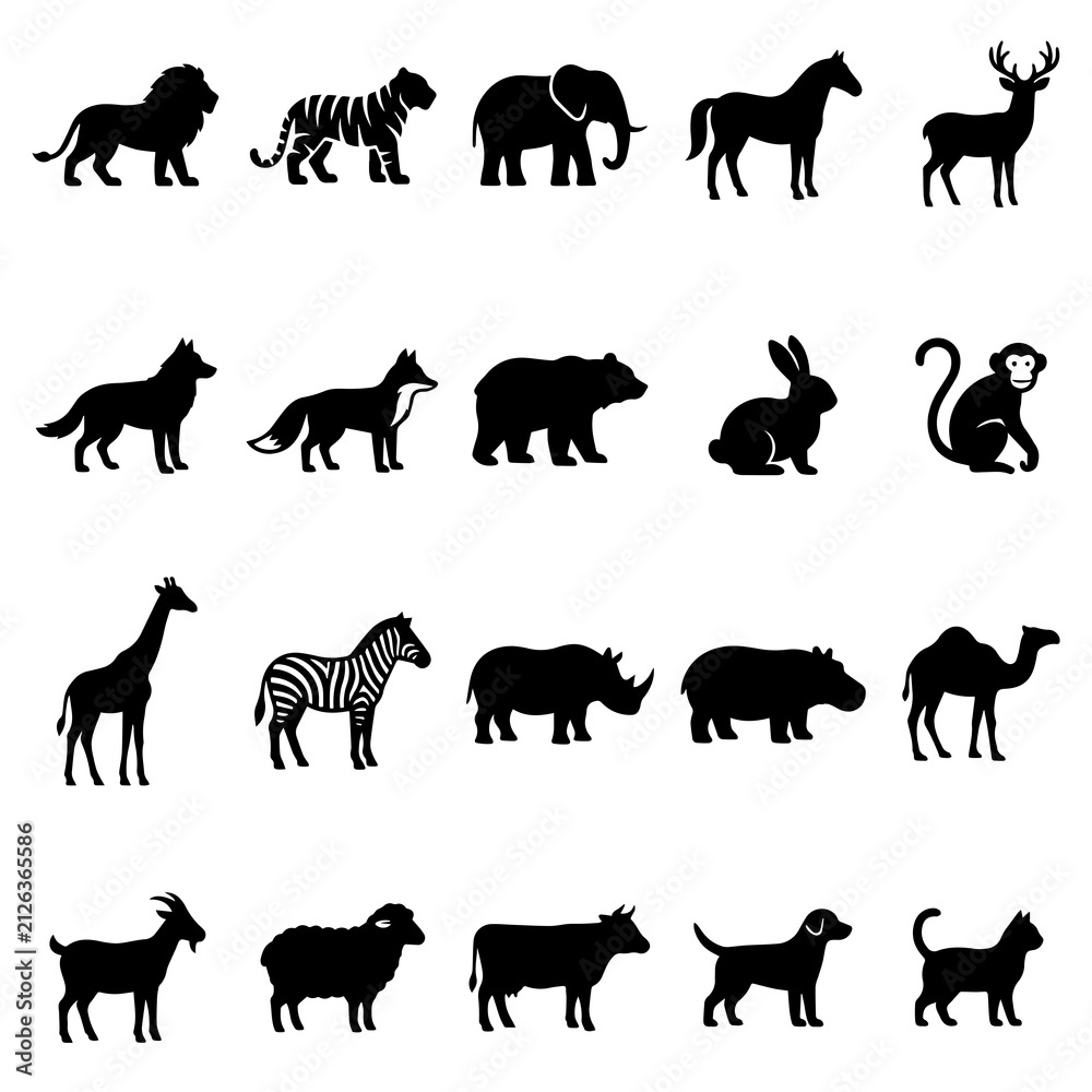 Obraz premium Collection of wild and domestic animal silhouettes, including lion, elephant, horse, deer, monkey, and cat on white background