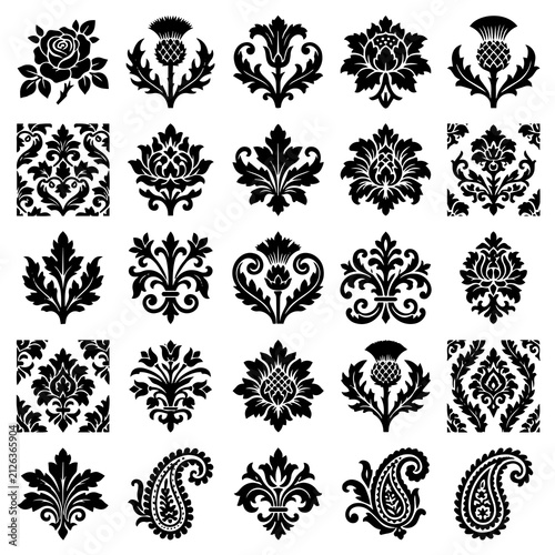 Set of twenty-five black decorative floral and paisley ornaments, including thistle and damask motifs, isolated on a white background