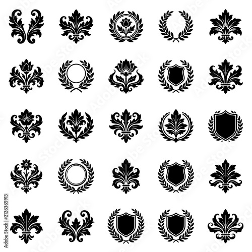 Set of twenty-five black heraldic emblems featuring floral motifs, shields, and laurel wreaths isolated on a white background, for branding