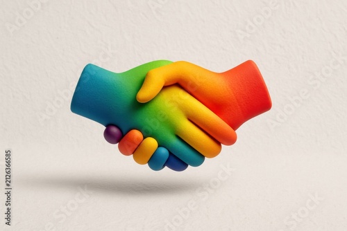 Two hands shaking, colored with a vibrant rainbow gradient, symbolizing unity, diversity, and cooperation against a plain background.