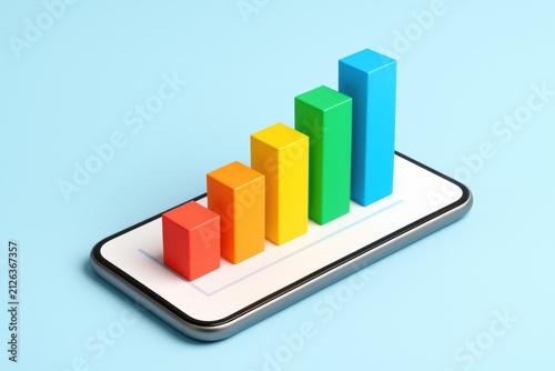 A colorful 3D bar graph rising on a smartphone screen, symbolizing data growth and mobile analytics on a light blue background.