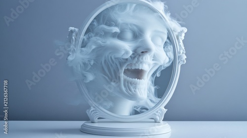 A surreal sculpture of a skull merging with smoke inside an ornate oval mirror on a minimalist surface.