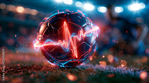 3D render of soccer ball with glowing neon red and blue heartbeat pulse line under bright stadium lights, sports cardiology concept, dynamic energy graphic, athletic health