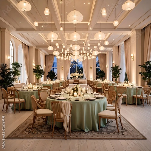 Elegant Ballroom Wedding Reception with Sage Green Tablecloths and Ornate Lighting.