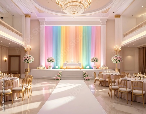 Elegant Ballroom Wedding Venue with Pastel Rainbow Backdrop.