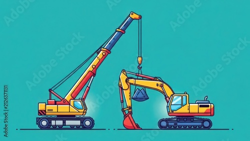 Vector illustration of a yellow construction crane and excavator.