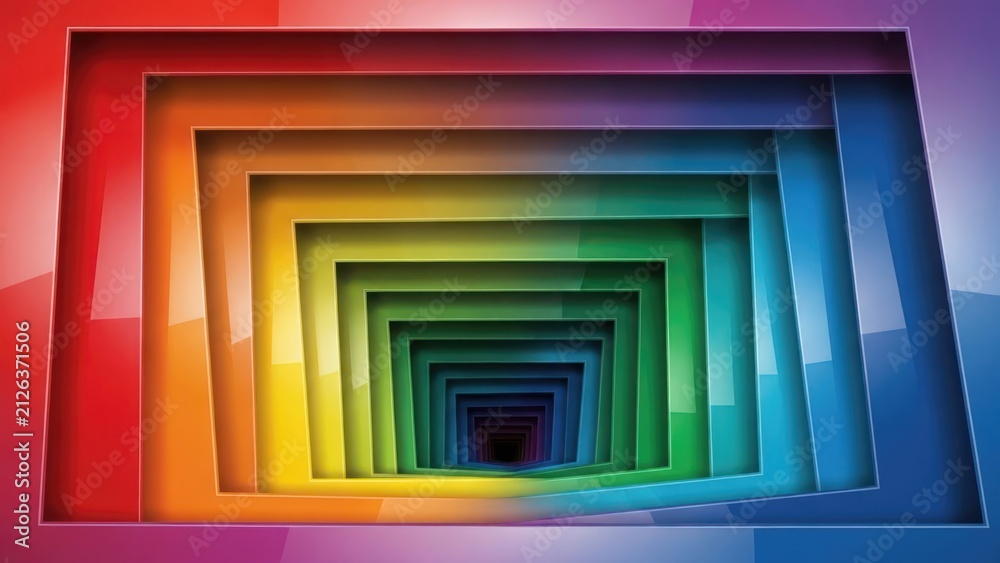 Obraz premium Abstract background with colorful rainbow rectangular layered 3D tunnel and dynamic depth effect.