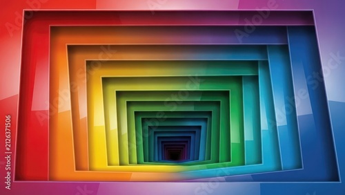 Abstract background with colorful rainbow rectangular layered 3D tunnel and dynamic depth effect.