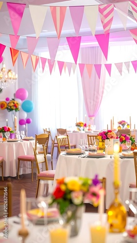 Elegant banquet hall decorated for a festive celebration with pink bunting.