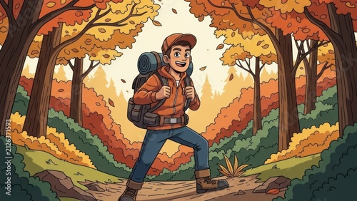 Happy man hiking in an autumn forest with a backpack.