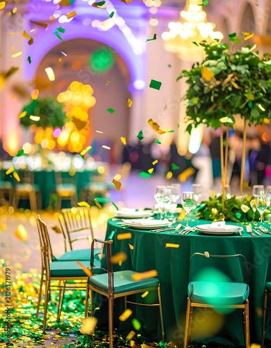 Elegant Banquet Hall Celebration with Green Decor and Confetti.