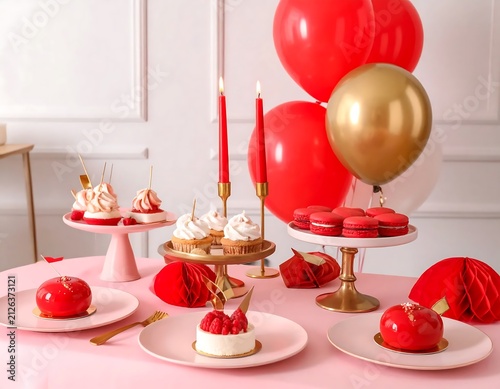 Elegant dessert table with red glazed cakes and macarons for celebration.