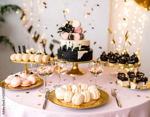Elegant dessert table with tiered cake and sweets for celebration.