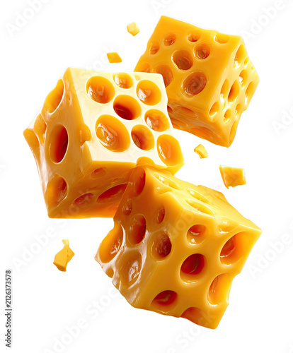 Swiss Cheese Cubes: Three perfectly cubed blocks of Swiss cheese, showcasing their iconic holes, float in the air with scattered crumbs, a delicious culinary delight.