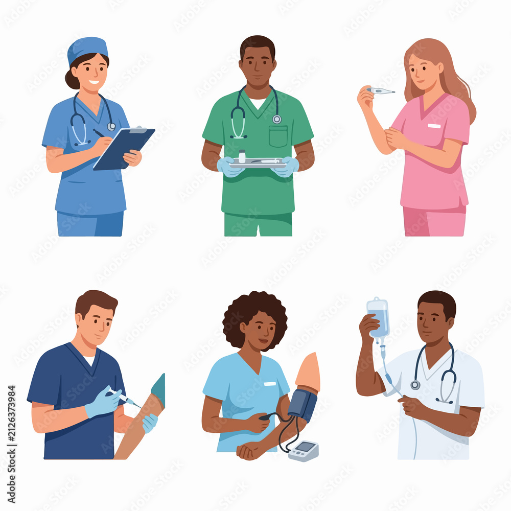 Fototapeta premium Set of diverse medical professionals performing various healthcare tasks.