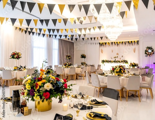 Elegant Banquet Hall Decorated for a Wedding Reception.