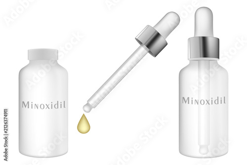 Realistic medical vector illustration of topical minoxidil bottles with a glass dropper and liquid drop. Isolated on a white background. Bottle for Alopecia Treatment Vector Illustration