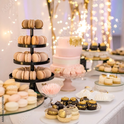 Elegant Dessert Table with Wedding Cake and Macarons.