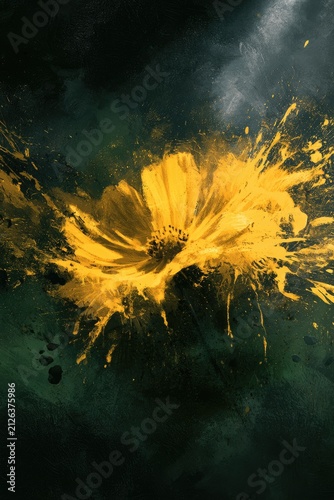 Abstract Yellow Splash Explosion Against Dark Background.