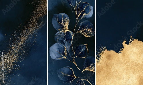 Elegant Abstract Triptych with Gold and Blue Floral Elements.