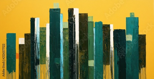 Abstract Cityscape Painting with Vertical Lines and Yellow Background.