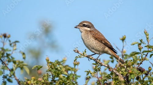  high resolution red backed shrike on branch bast view''