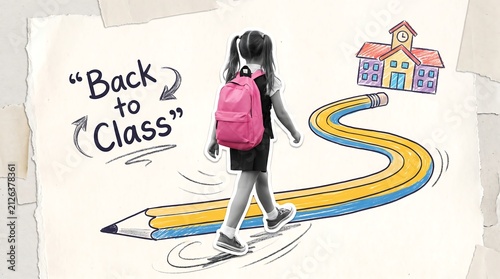 Young schoolgirl with pink backpack walking on a giant pencil towards school, back to class art.