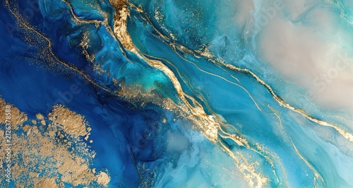 Abstract Blue and Gold Fluid Art with Marbling Effect.