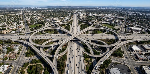 Aerial view of a busy highway interchange with many cars driving on urban city roads