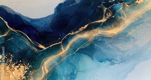 Abstract Blue and Gold Fluid Art Swirls.