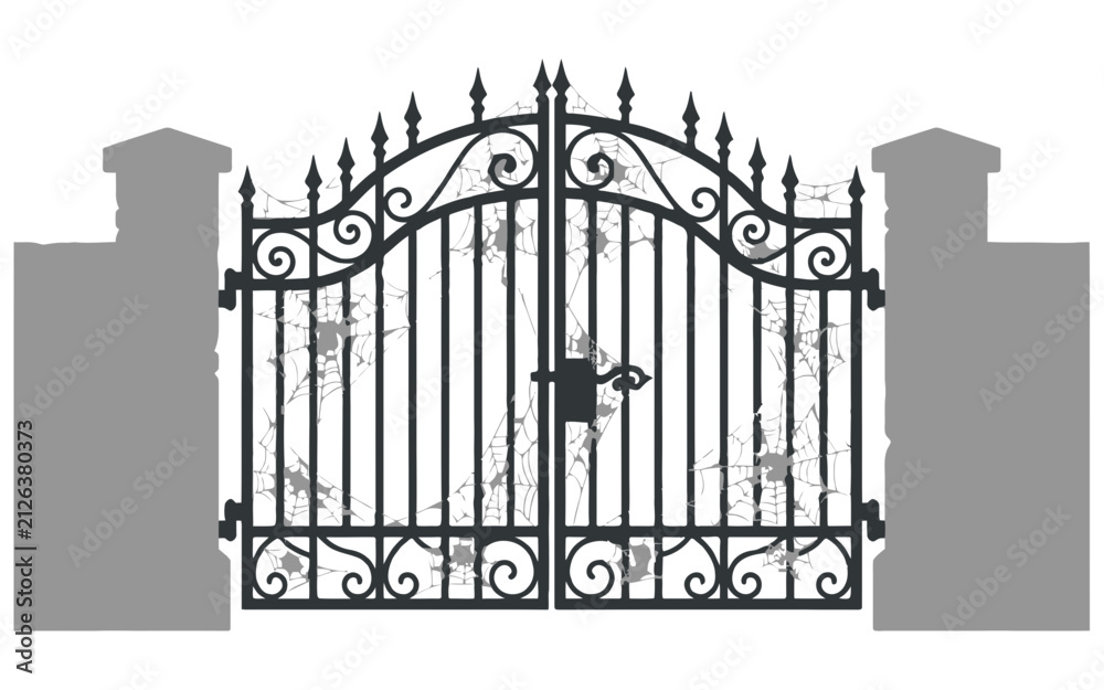 Obraz premium Gate made of wrought iron stands between two stone pillars to provide a secure entrance.