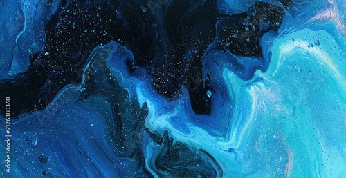Abstract Blue and Black Fluid Art Swirls.