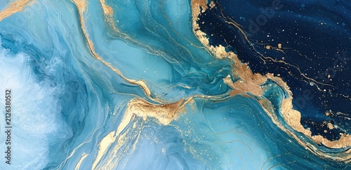 Abstract Fluid Art with Swirling Blue and Gold Marbling Effect.