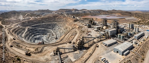 Aerial view of a large open pit mine and industrial processing plant in a rural mountain area