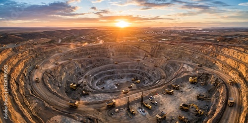 Aerial view of a large open pit gold mine at golden sunset with heavy machinery and trucks
